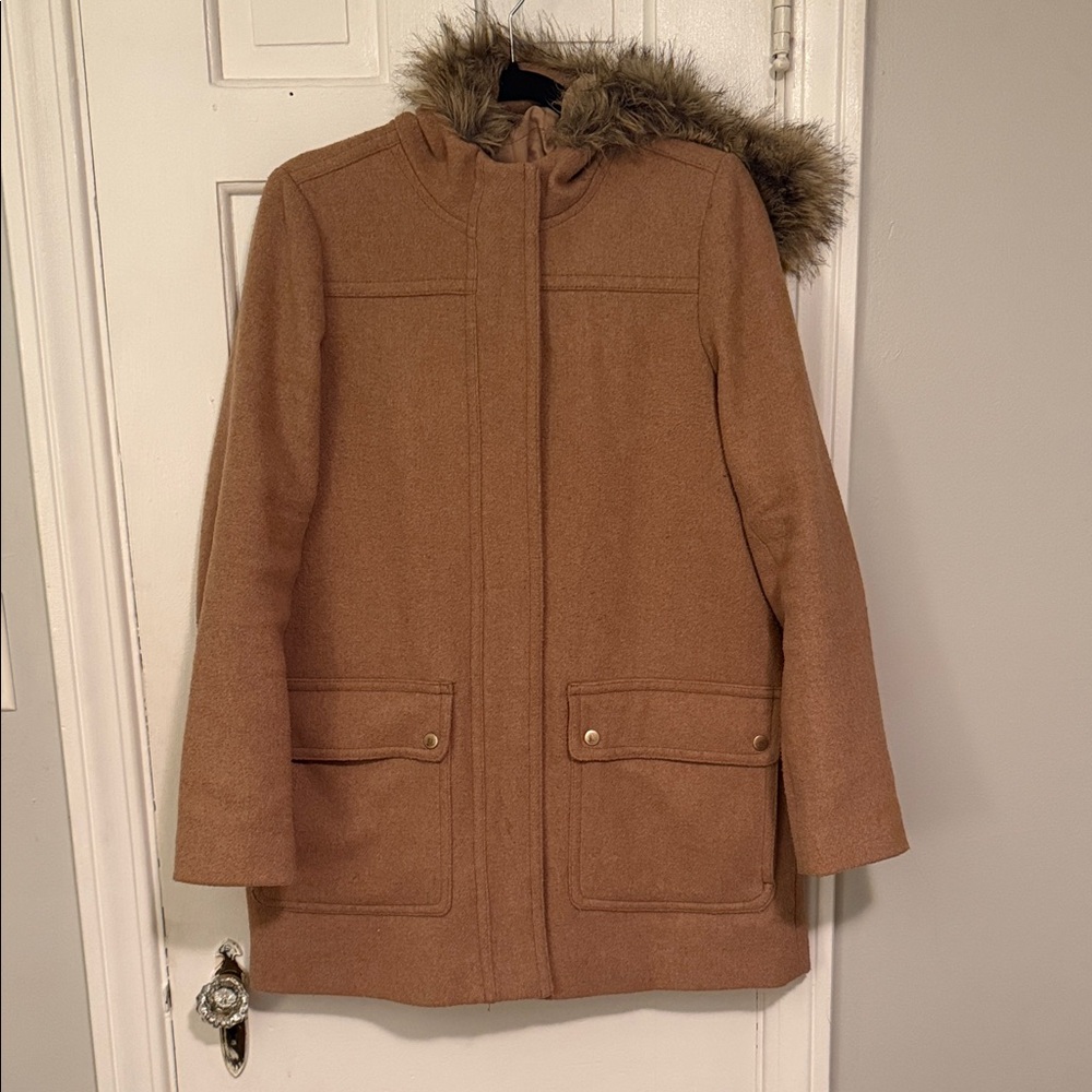 J Crew Factory City Coat with Fur Hood in Camel